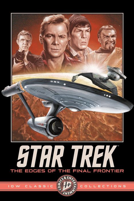 „Star Trek: The Edges of the Final Frontier“. Illustration mit vier Personen und einem Raumschiff über einem Planeten.