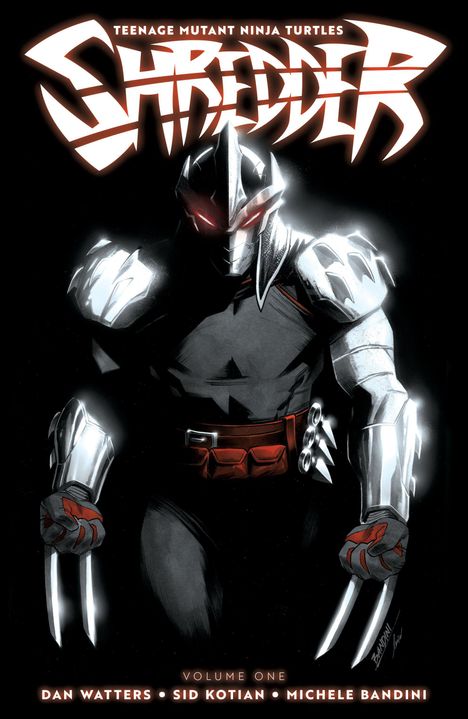 „Teenage Mutant Ninja Turtles Shredder“. Eine Illustration zeigt eine gepanzerte Figur mit roten Augen und Klingen.