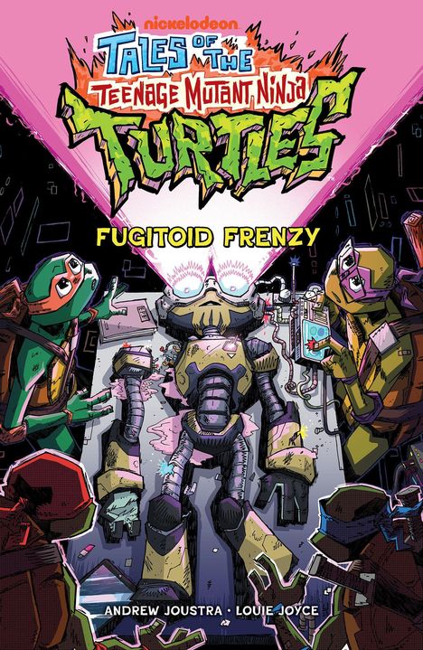 Tales of the Teenage Mutant Ninja Turtles: Fugitoid Frenzy. Vier Turtles umgeben einen Tisch mit einem Roboter.