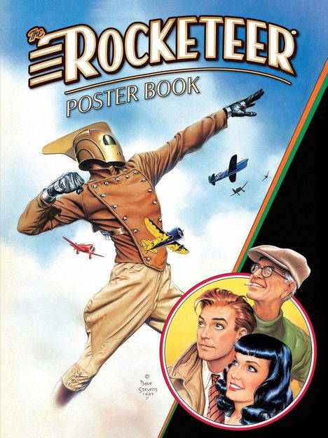 "The Rocketeer Poster Book". Illustration eines Mannes mit Raketenpack, fliegenden Flugzeugen und drei Gesichtern in einem Kreis.