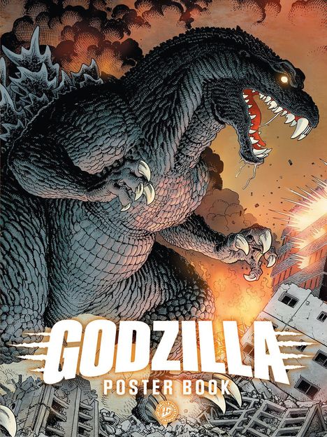 Text: "Godzilla Poster Book". Illustration von Godzilla in zerstörerischer Szene mit Rauch und Flammen im Hintergrund.