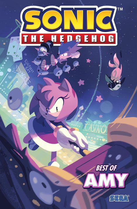 "Sonic the Hedgehog", "Best of Amy", "Casino". Illustration mit Amy vor buntem, leuchtendem Stadt-Hintergrund.
