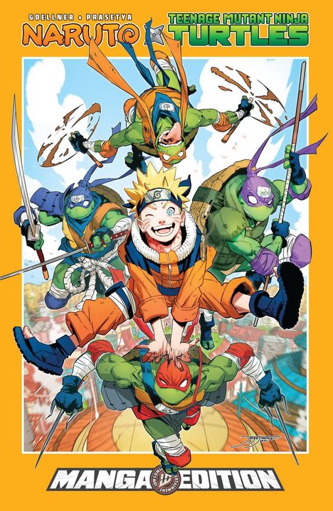 Text: "Naruto x Teenage Mutant Ninja Turtles" und "Manga Edition". Illustration von Figuren in actionreicher Pose.