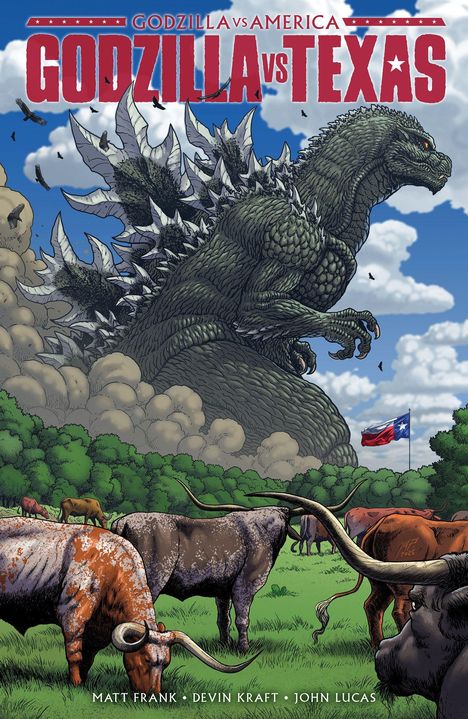 "Godzilla vs Texas" in großen Buchstaben. Ein riesiges Monster steht auf einer Weide, umgeben von Longhorn-Rindern.