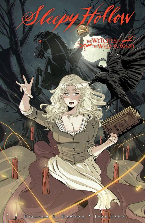 „Sleepy Hollow“, „The Witches of the Western Wood“. Eine blonde Frau mit Buch, Krähe, kopfloser Reiter, Vollmond.