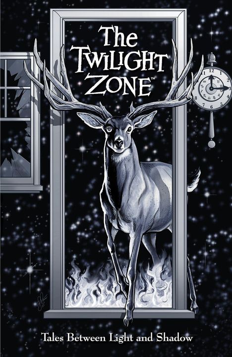 "The Twilight Zone: Tales Between Light and Shadow." Ein Hirsch tritt durch eine Tür in einen sternenklaren Nachthimmel.