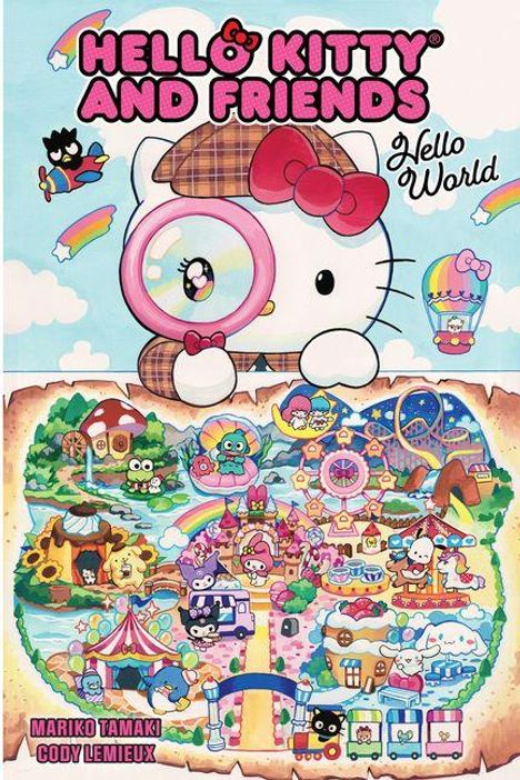 "HELLO KITTY AND FRIENDS", "Hello World", "MARIKO TAMAKI", "CODY LEMIEUX". Illustration: Hello Kitty mit Lupe, Karte mit Freunden.