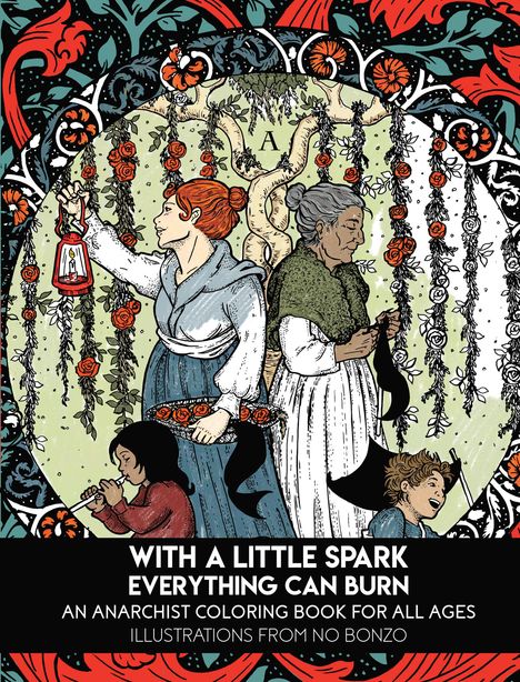 "With a little spark everything can burn" steht über einer Illustration mit vier Menschen und floralen Motiven.