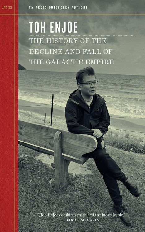 Titel: "Toh EnJoe: The History of the Decline and Fall of the Galactic Empire." Ein Mann sitzt auf einer Bank am Strand.