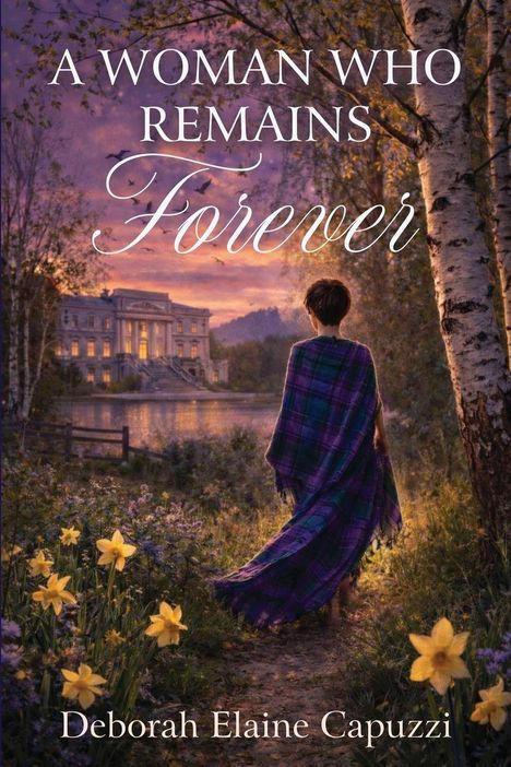 Text: "A Woman Who Remains Forever" und "Deborah Elaine Capuzzi." 

Eine Frau in einem lila Umhang, die auf ein Herrenhaus zugeht, umgeben von Blumen bei Sonnenuntergang.