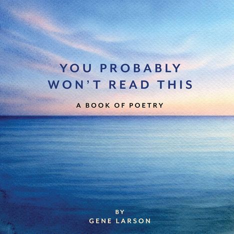 „You Probably Won't Read This: A Book of Poetry by Gene Larson“ vor einem Meer bei Sonnenuntergang.