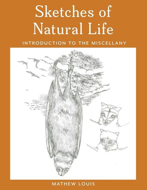 Text: "Sketches of Natural Life", "INTRODUCTION TO THE MISCELLANY", "MATHEW LOUIS." Zeichnung von einem hängenden Tier und Gesichtern.