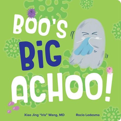 Text: "BOO'S BIG ACHOO!" Illustration: Ein niesendes Gespenst auf grünem Hintergrund mit kleinen Bakterienfiguren.