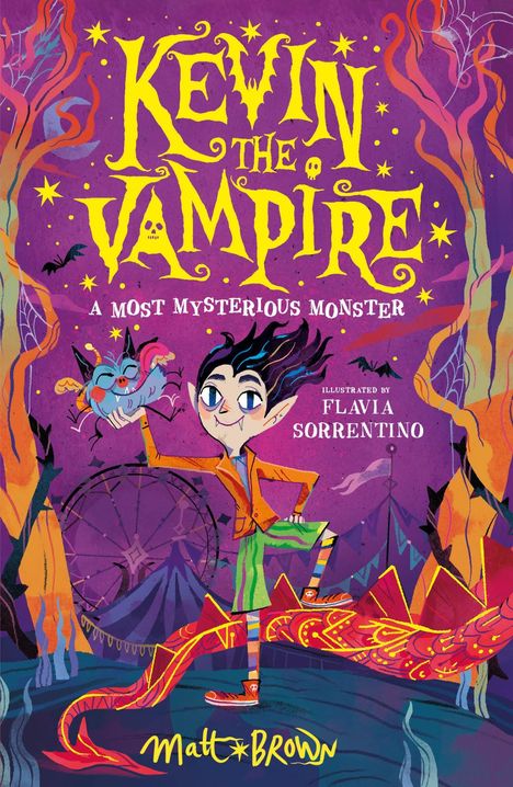 "Kevin the Vampire: A Most Mysterious Monster." Illustration: Junge im bunten Outfit neben einer Fledermaus. Bunt und mystisch.
