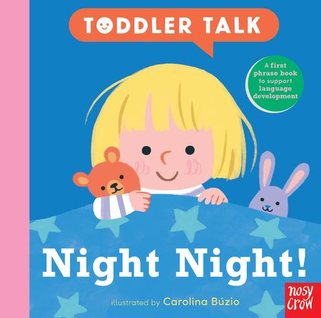 „Night Night!“ Ein Kind mit Kuscheltieren unter einer Decke mit Sternenmotiv. Illustration von Carolina Búzio.