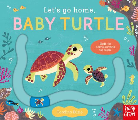 Text: "Let's go home, BABY TURTLE", "Slide the animals around the ocean!". Illustration von Meeresschildkröten im Ozean.