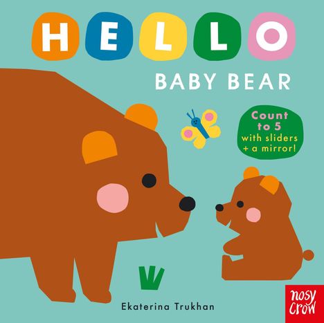 HELLO BABY BEAR, Count to 5 with sliders + a mirror! Illustration: Zwei Bären, großer und kleiner, mit Schmetterling.