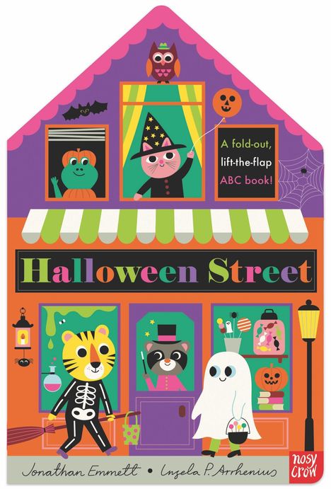 Text: "A fold-out, lift-the-flap ABC book!", "Halloween Street". Illustration: Tiere in Halloweenkostümen, bunte Fassade.