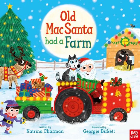 "Old Mac Santa had a Farm" steht in großen Buchstaben über einem weihnachtlichen Szenario mit Santa auf einem Traktor.