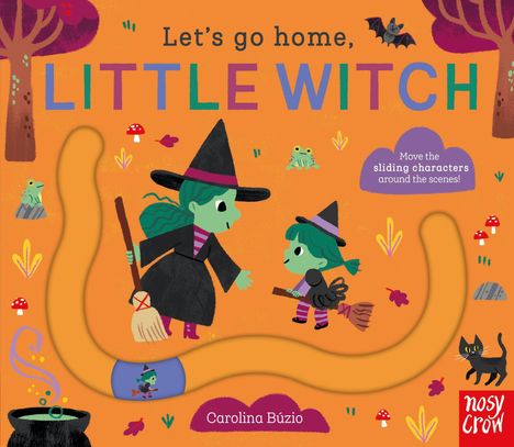 „Let’s go home, LITTLE WITCH“ und „Move the sliding characters around the scenes!“ Zwei Hexen auf Besen vor orangefarbenem Hintergrund.