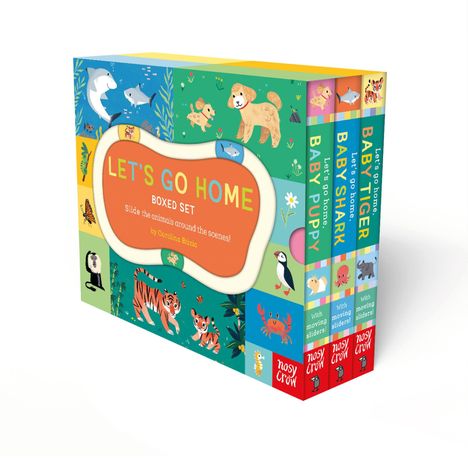 "LET'S GO HOME. BOXED SET. Slide the animals around the scenes! by Carolina Búzio." Illustrationen von Tieren wie Hunde und Tiger.
