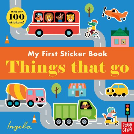 "My First Sticker Book: Things that go." Illustration mit Tieren in Fahrzeugen, Pfad und kleinen Gebäuden.