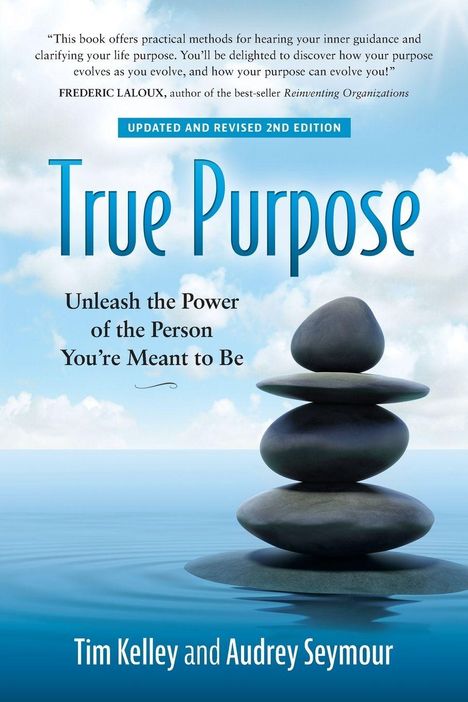 "True Purpose: Unleash the Power of the Person You're Meant to Be" über einem stapeligen Stein vor blauem Himmel.