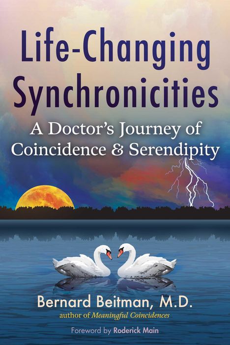 "Life-Changing Synchronicities" steht oben, darunter ein Sonnenuntergang mit zwei Schwänen auf einem See.