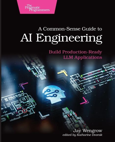 „A Common-Sense Guide to AI Engineering“, digitale Schaltkreise, blaues Kopf-Symbol.
