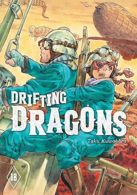 Text: "DRIFTING DRAGONS" und "Taku Kuwabara". Zwei Menschen in blauen Fluganzügen und Helmen vor einem Luftschiff.