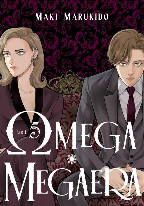 "Vol. 5 Omega Megaelia" oben. Eine Frau und ein Mann in formeller Kleidung sitzen vor einem floralen Hintergrund.