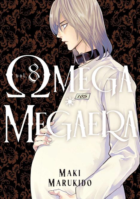 „Omega Megaera Vol. 8“, „105“, „Maki Marukido“. Illustration: Person in Weiß, hält Bauch, dunkler Hintergrund.