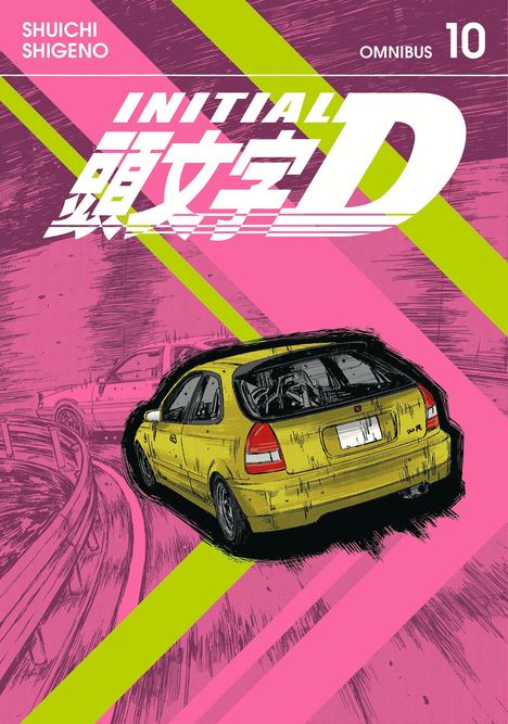 Text: "INITIAL D", "SHUICHI SHIGENO", "OMNIBUS 10". Illustration eines gelben Autos auf einer kurvigen Strecke.
