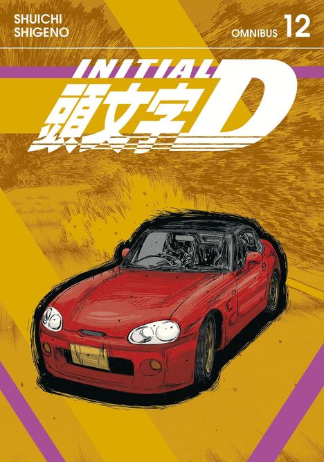 "Initial D" und "OMNIBUS 12" in weißen Buchstaben. Illustration eines roten Autos auf gelbem Hintergrund.