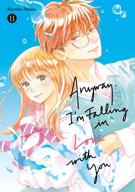Text: „Anyway, I’m Falling in Love with You“. Illustration: Junge und Mädchen, blauer Hintergrund, Wassertropfen.