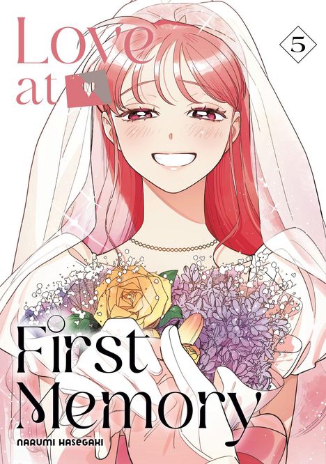 "Love at First Memory" und "5" sind sichtbar. Eine lächelnde Frau in einem Brautkleid hält einen Blumenstrauß.