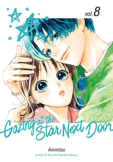 Vol. 8, Gazing at the Star Next Door von Amnitsu. Zwei Manga-Charaktere in einer herzlichen Umarmung.