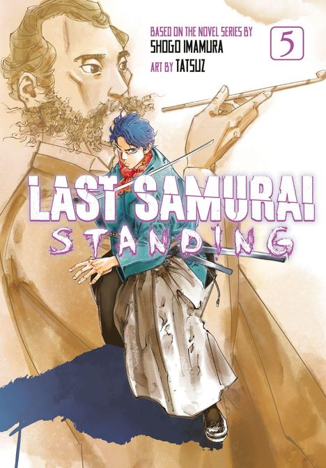 „Last Samurai Standing“, Cover von Band 5, zeigt einen Krieger vor einem alten Mann mit Pinsel.