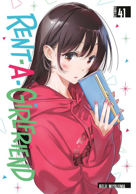 „Rent-A-Girlfriend Volume 41“, Illustration eines Mädchens in rotem Hoodie mit blauem Buch.