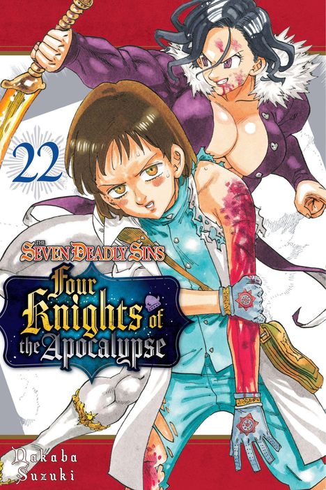 "22", "The Seven Deadly Sins", "Four Knights of the Apocalypse", "Nakaba Suzuki". Zwei zeichentrickhafte Krieger in Aktion.
