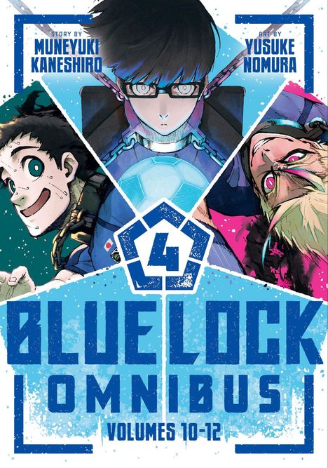 "BLUE LOCK OMNIBUS VOL. 10-12" in blauer Schrift, drei gezeichnete Charaktere mit intensiven Gesichtsausdrücken.