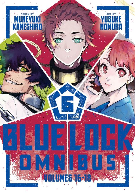 "Blue Lock Omnibus Volumes 16-18". Drei Manga-Charaktere in dynamischen Posen, mittig ein Logo mit einem stilisierten "G".