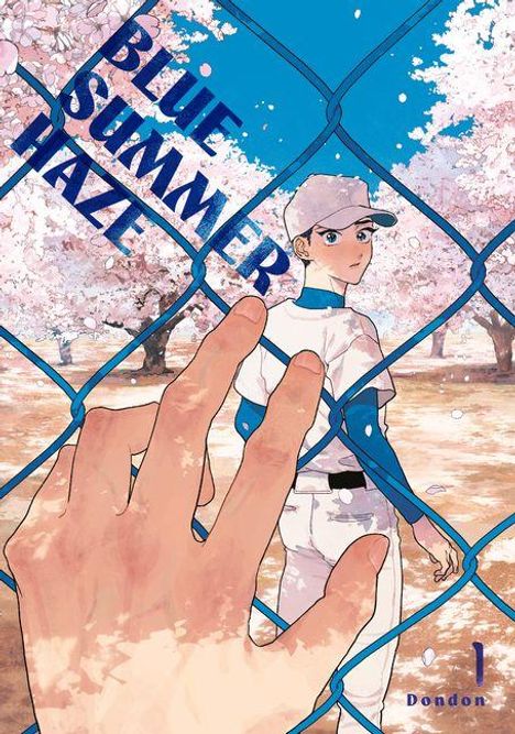 „BLUE SUMMER HAZE“ steht links, Hand auf Zaun, Person in Baseballuniform, blühende Kirschbäume im Hintergrund.