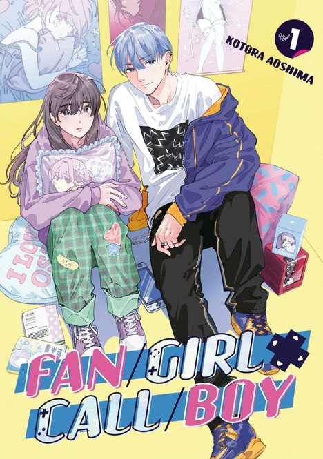 Text: "FAN/GIRL CALL/BOY", "Vol. 1", "KOTORA AOSHIMA". Zwei Personen in farbenfroher Kleidung sitzen vor bunten Postern.