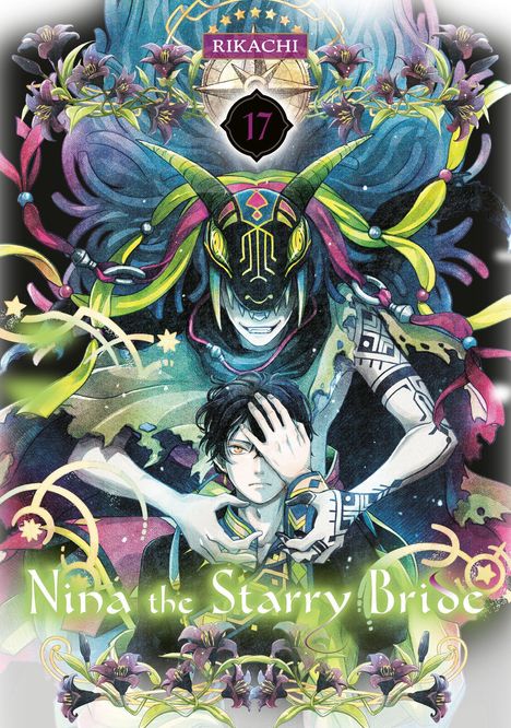 „RIKACHI“ und „Nina the Starry Bride 17“. Eine mystische, farbenfrohe Illustration mit floralen und maskierten Motiven.