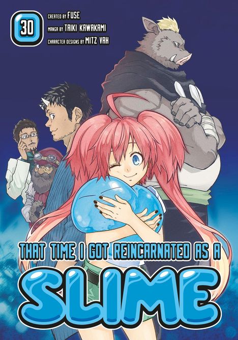 "That Time I Got Reincarnated as a Slime" in großen blauen Buchstaben. Animefiguren: Mädchen mit rosa Haaren, Monster, Männer.