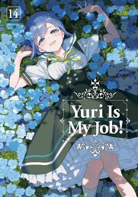 „Yuri Is My Job!“ zeigt eine lächelnde Person mit blauem Haar, umgeben von blauen Blumen. Manga-Stil.