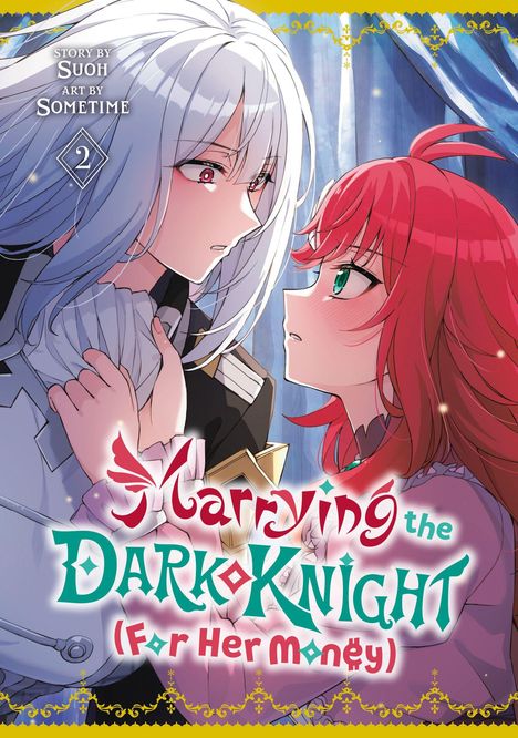 „Marrying the Dark Knight (For Her Money)“; Hand in Hand; weiße Haare treffen rote Haare; Manga-Stil.