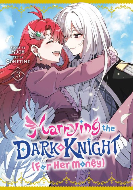 Titel: "Marrying the Dark Knight (For Her Money)". Fröhliche Umarmung zwischen rot- und weißhaariger Frau, umgeben von Federn.