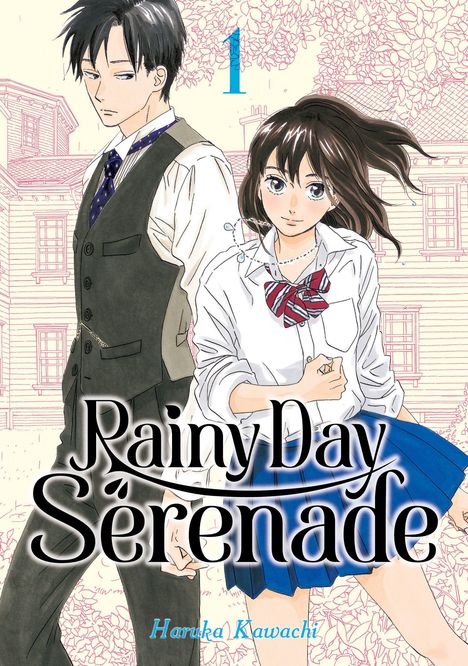 „Rainy Day Serenade“, Haruka Kawachi. Zwei Personen in Schuluniform, ein Haus im Hintergrund, sanfte Farben.
